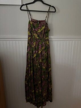 NWT Tori Richard Mauve Midi Dress w/ Green & Yellow Leaf Print SZ: M